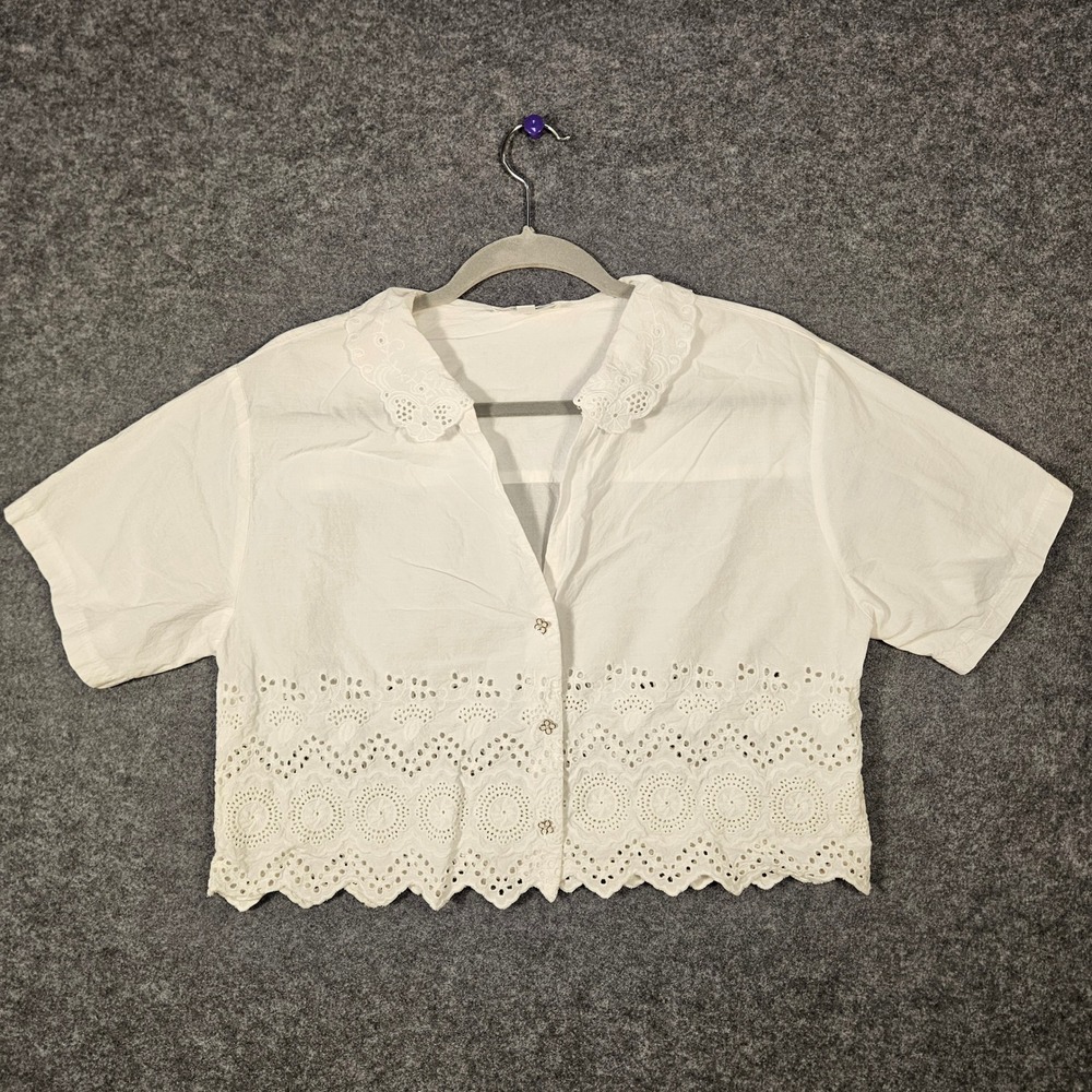 Kirious Los Angeles Womens White Eyelet Cropped Blouse Boho Cottagecore Sz L
